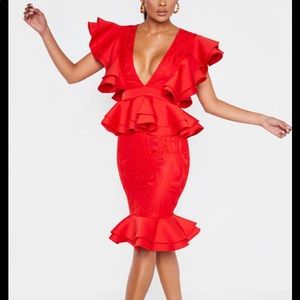 Pretty Little Thing ruffle detail plunge dress
